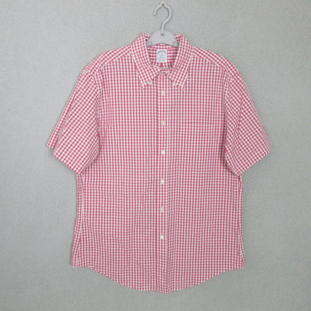 Brooks Brothers Button Down Shirt Mens L Red Gingham Regent Short Sleeve Cotton